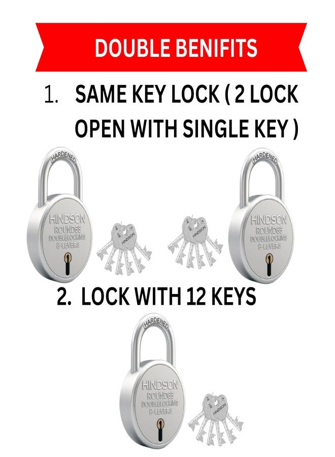 Hindson Same Key Round 65mm Padlock | 2 Heavy Duty Padlocks with 12 Common Keys | Strong Metal Body Locks with Double Locking & 8-Lever Mechanism for Home, Gate, Shutter & Shop Security - Image 3